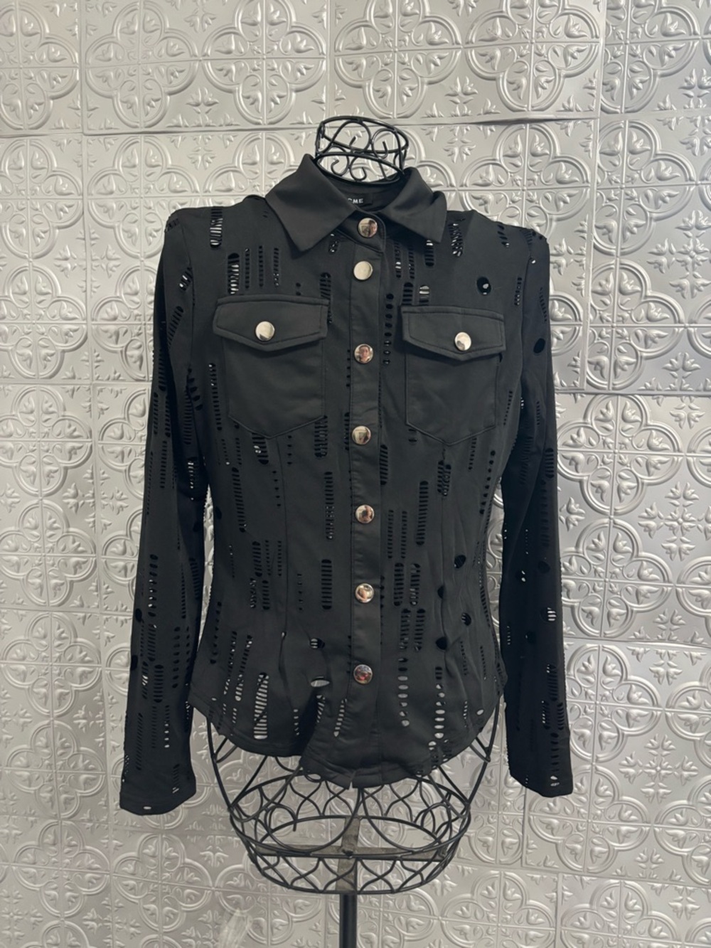 Sexy Ripped Tight Hollow Button down Black Long Sleeve Blouse Top Goth Emo Biker